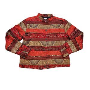 Vtg Chicos Jacket Womens Size 2/L Red Floral Patchwork Colorblock Sequin Artsy